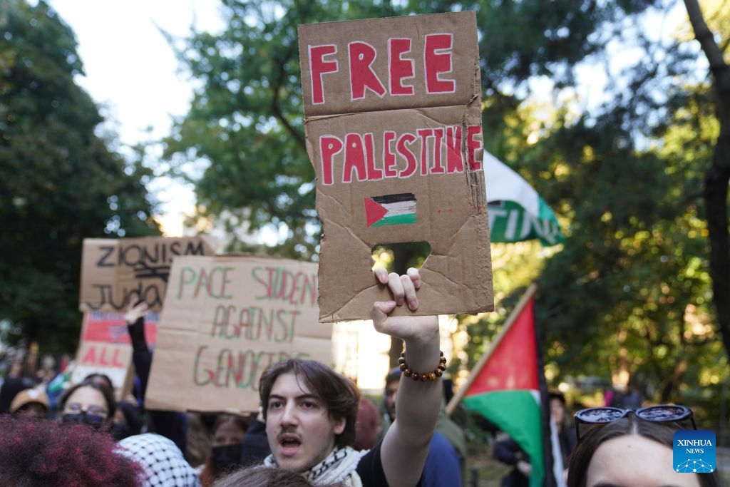 People attend a pro-Palestinian march in New York, the United States, on Oct. 7, 2026. Multiple events were held in New York city on Wednesday to mark three years since the Gaza conflict erupted on Oct. 7, 2023. (Xinhua/Zhang Fengguo)