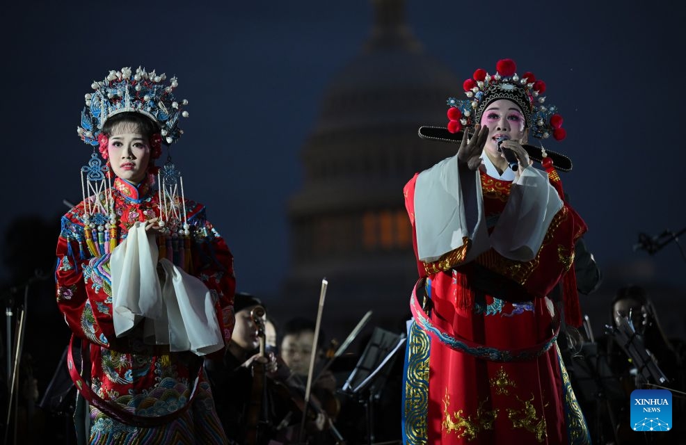 Chinese Huangmei Opera artists Han Zaifen (R) and Chen Bangliang perform Huangmei Opera: The Lady Consort Prince during Future Resonance -- ShanghaiEye Night in Washington, D.C., the United States, on Oct. 3, 2026. The Shanghai-themed cultural exchange event was held here on Saturday, bringing a taste of Shanghai to the United States. The event was also part of the Shanghai Let's Meet city promotion initiative and a broader series of China-U.S. people-to-people exchanges. (Xinhua/Li Rui)