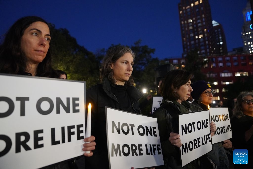 People attend a vigil for peace in New York, the United States, on Oct. 7, 2026. Multiple events were held in New York city on Wednesday to mark three years since the Gaza conflict erupted on Oct. 7, 2023. (Xinhua/Zhang Fengguo)