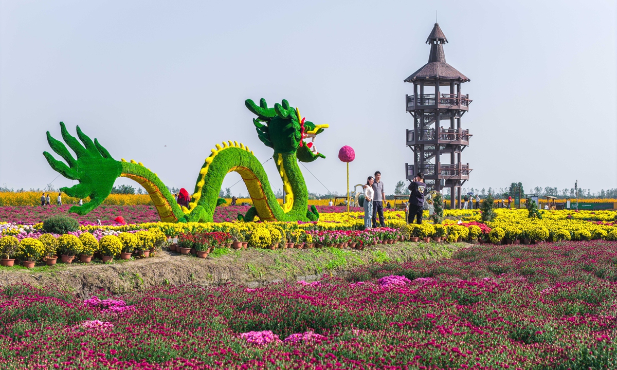 Tourists admire chrysanthemums at the Qianduo Scenic Area in Xinghua, East China's Jiangsu Province, on October 7, 2026, the last day of China's National Day holidays. Photo: VCG