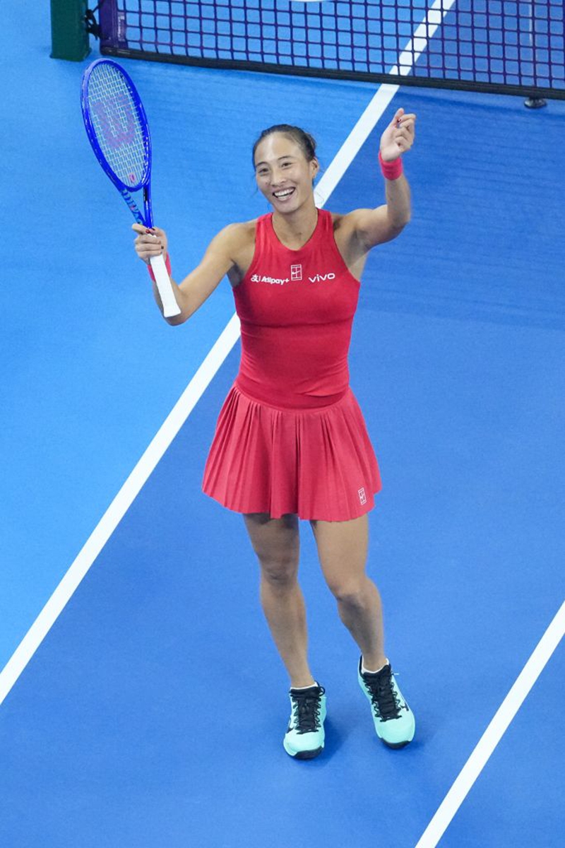 Zheng Qinwen celebrates after the women's singles semifinal between Zheng Qinwen of China and Elise Mertens of Belgium at 2026 China Open tennis tournament in Beijing, China, Oct. 10, 2026. (Xinhua/Ju Huanzong)