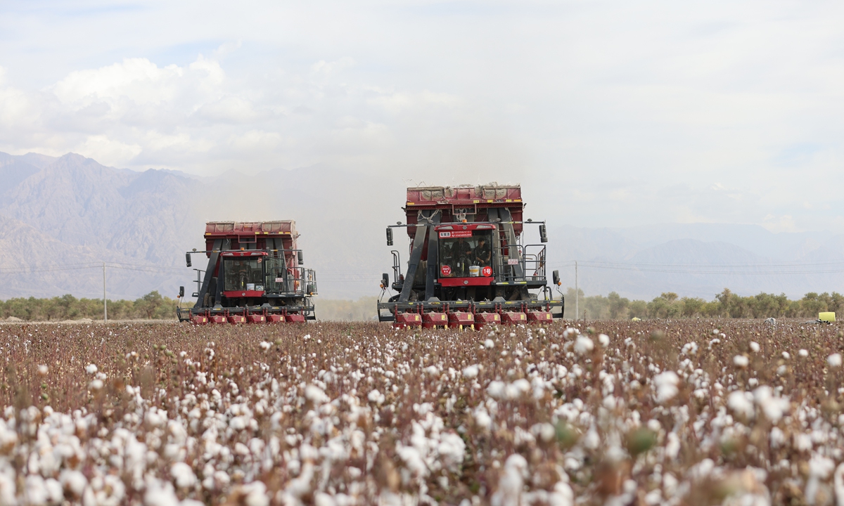 Large cotton harvesters move back and forth across vast cotton fields in Luntai county, Northwest China's Xinjiang Uygur Autonomous Region, on October 10, 2026, efficiently picking, compressing and baling cotton in an orderly mechanized operation. Photo: Courtesy of Tursun Usman