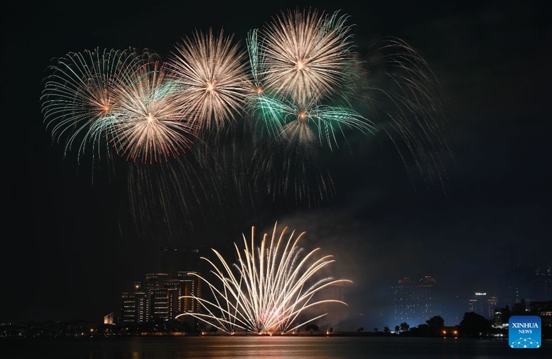 Fireworks in celebration of Hanoi's Liberation Day are seen over the West Lake in Hanoi, Vietnam, Oct. 10, 2026. Photo: Xinhua