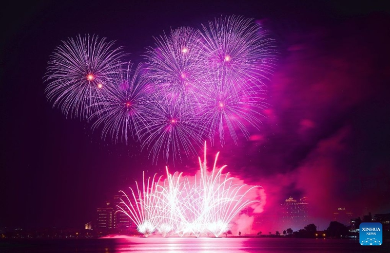 Fireworks in celebration of Hanoi's Liberation Day are seen over the West Lake in Hanoi, Vietnam, Oct. 10, 2026. Photo: Xinhua