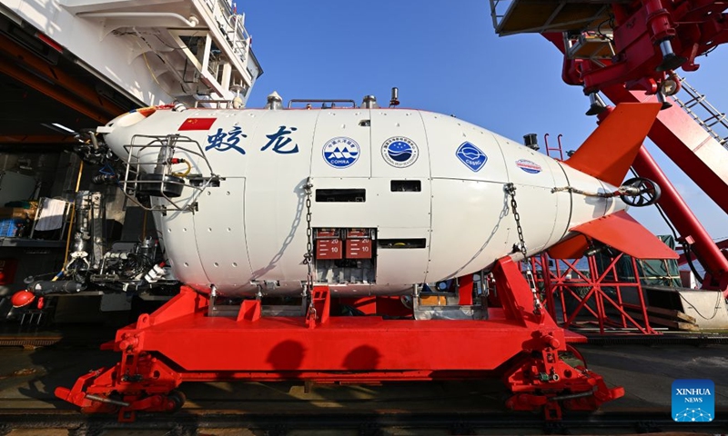 The manned deep-sea submersible Jiaolong is pictured outside its hangar aboard the research vessel Deep Sea No. 1 in the western Pacific Ocean, on Oct. 10, 2026. China's research vessel Deep Sea No. 1, carrying manned deep-sea submersible Jiaolong, arrived at East Caroline Basin in the western Pacific Ocean on Saturday for deep-sea scientific research.
This marks the 466th dive of Jiaolong, with a planned diving depth of about 4,500 meters. Photo: Xinhua