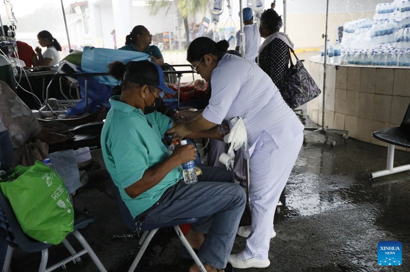 Patients receive treatment at a temporary shelter after being evacuated from a damaged hospital in Penonome, Panama, Oct. 10, 2026. Panama declared a state of emergency on Saturday to coordinate relief efforts and assist communities affected by a powerful earthquake that struck the country Friday. (Photo by Daniel Gonzalez/Xinhua)