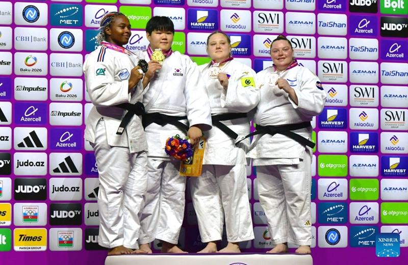 (L to R)Silver medalist Romane Dicko of France, gold medalist Lee Hyeonji of South Korea, bronze medalists Mariia Ivanova of Russia and Raz Hershko of Isreal pose during the awarding ceremony for the women's +78kg event at the 2026 World Senior Judo Championships in Baku, Azerbaijan, Oct. 10, 2026. (Xinhua/Chen Junfeng)