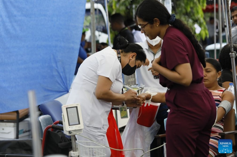 Patients receive treatment at a temporary shelter after being evacuated from a damaged hospital in Penonome, Panama, Oct. 10, 2026. Panama declared a state of emergency on Saturday to coordinate relief efforts and assist communities affected by a powerful earthquake that struck the country Friday. (Photo by Daniel Gonzalez/Xinhua)