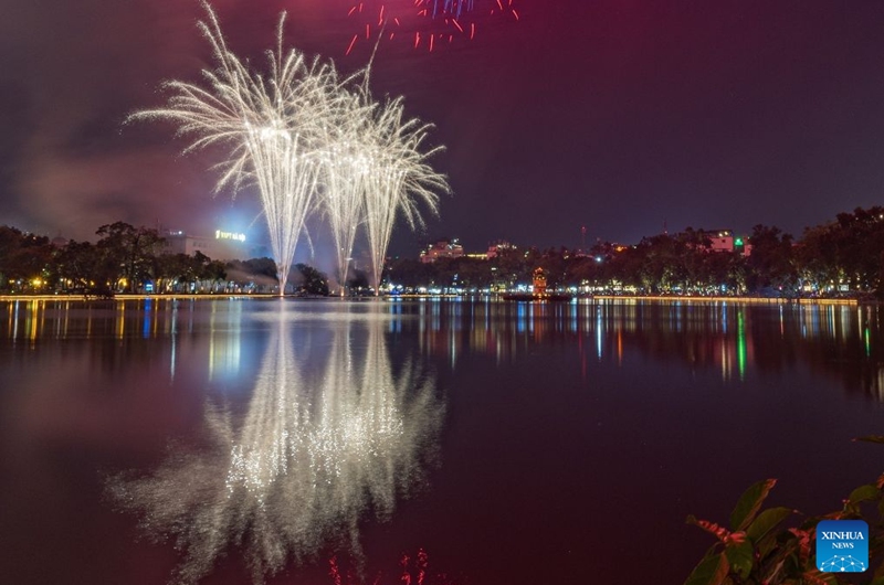 Fireworks in celebration of Hanoi's Liberation Day are seen over the Hoan Kiem Lake in Hanoi, Vietnam, Oct. 10, 2026. Photo: Xinhua