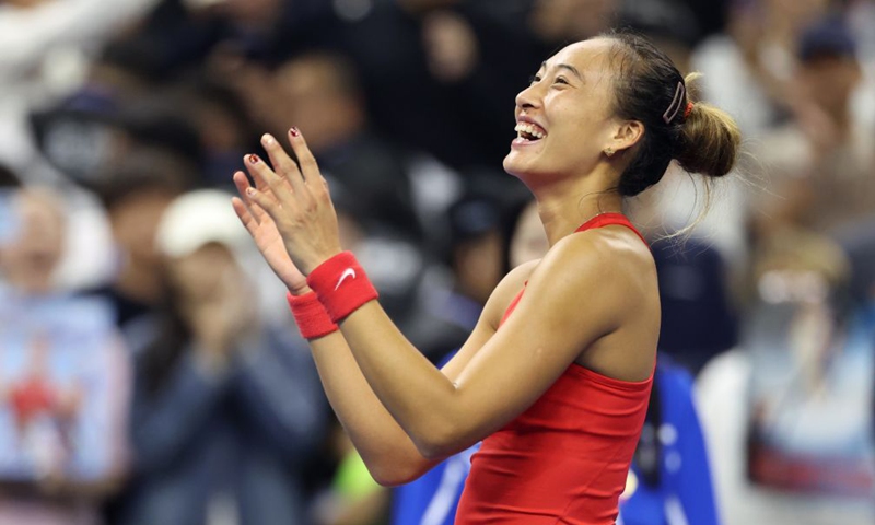 Zheng Qinwen celebrates after the women's singles semifinal between Zheng Qinwen of China and Elise Mertens of Belgium at 2026 China Open tennis tournament in Beijing, China, Oct. 10, 2026. (Xinhua/Zhang Chenlin)