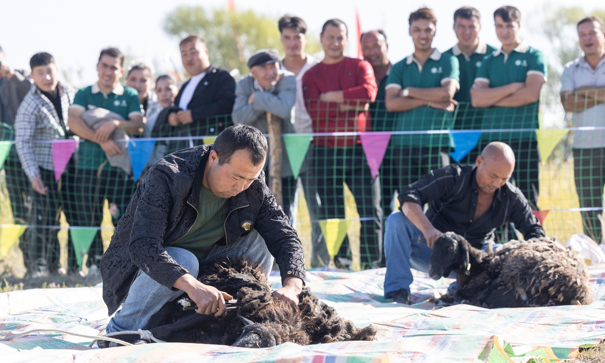 Contestants take part in a sheep-shearing competition to improve animal husbandry skills in the city of Kuqa, Northwest China's Xinjiang Uygur Autonomous Region, on October 10, 2026. Photo: VCG