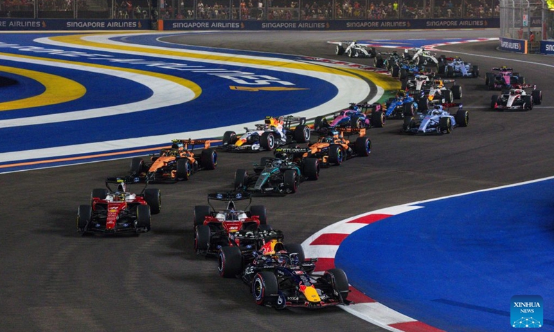 Drivers start during the Formula One Singapore Grand Prix at the Marina Bay Street Circuit in Singapore, on Oct. 11, 2026. (Photo by Shu Zelin/Xinhua)