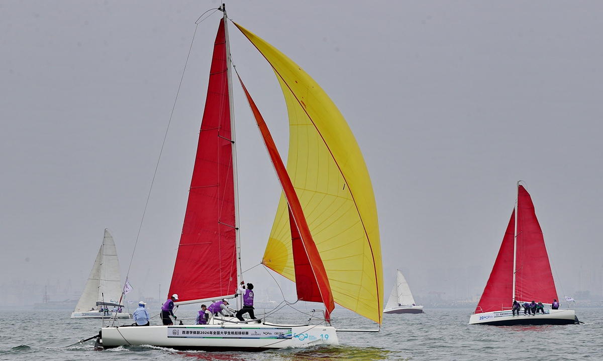 Competitors take part in the 2026 National University Sailing Championship held in Qinhuangdao, North China's Hebei Province, on October 12, 2026. Twenty-two sailing teams from universities nationwide gathered to test their courage, teamwork and wits. Photo: VCG