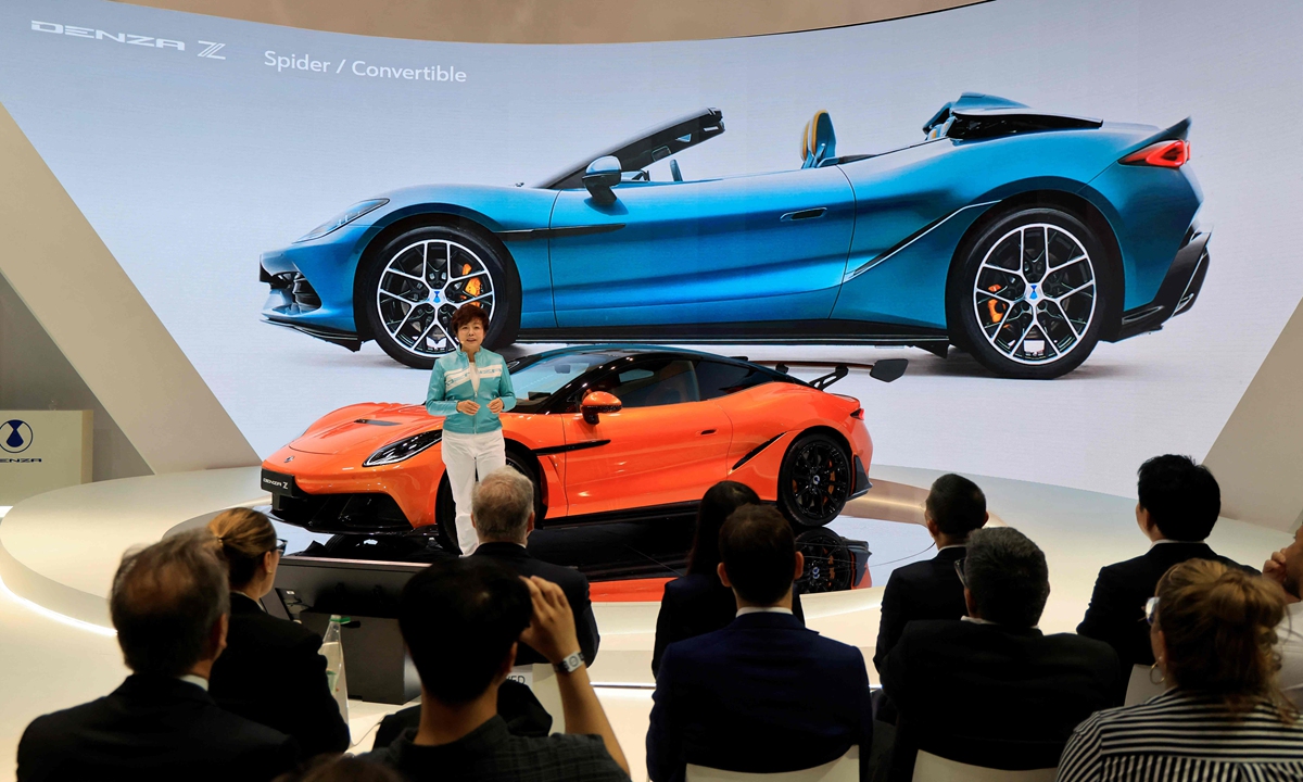 Stella Li, Executive Vice President of BYD and CEO of BYD Americas, speaks during the presentation of the Denza Z electric sport car, a sub-brand of BYD group, at the 91st edition of the international Paris Motor Show at the Porte de Versailles in Paris on October 12, 2026. Photo: VCG