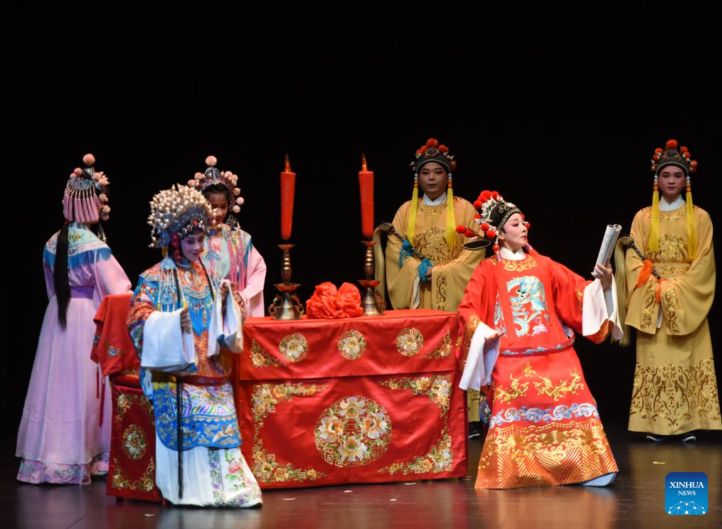 Chinese Huangmei Opera artist Han Zaifen (2nd R) performs in Vienna, Austria, Oct. 15, 2026. (Xinhua/He Canling)