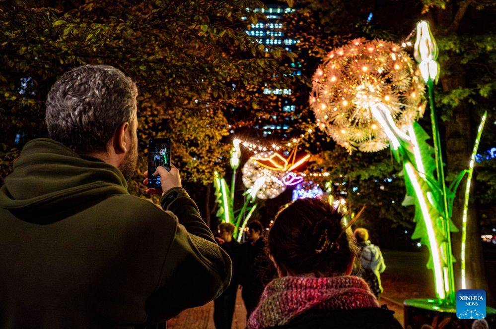 A man takes photos in a light garden in Swietokrzyski Park in Warsaw, Poland, Oct. 15, 2026. The year-round light garden opened on Thursday, featuring illuminated plant and butterfly installations and interactive projections that respond to visitors' movements. (Photo by Jaap Arriens/Xinhua)