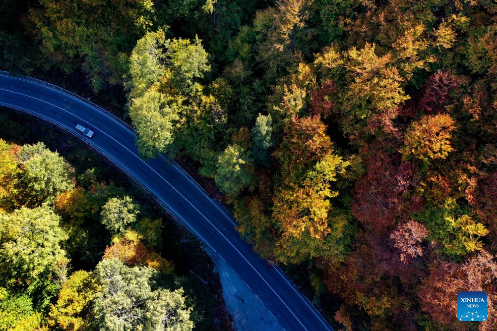 An aerial drone photo shows a car running on a road at Mavrovo National Park in Mavrovo, North Macedonia, Oct. 19, 2026. (Photo by Tomislav Georgiev/Xinhua)
