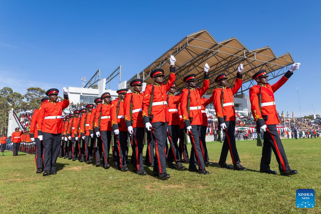 Kenyan military personnel parade during the Mashujaa Day celebrations at Kipchoge Keino Stadium in Eldoret, Kenya, on Oct. 20, 2026.
Kenya celebrated Mashujaa Day, or Heroes' Day, on Tuesday. (Photo by Kelly Ayodi/Xinhua)