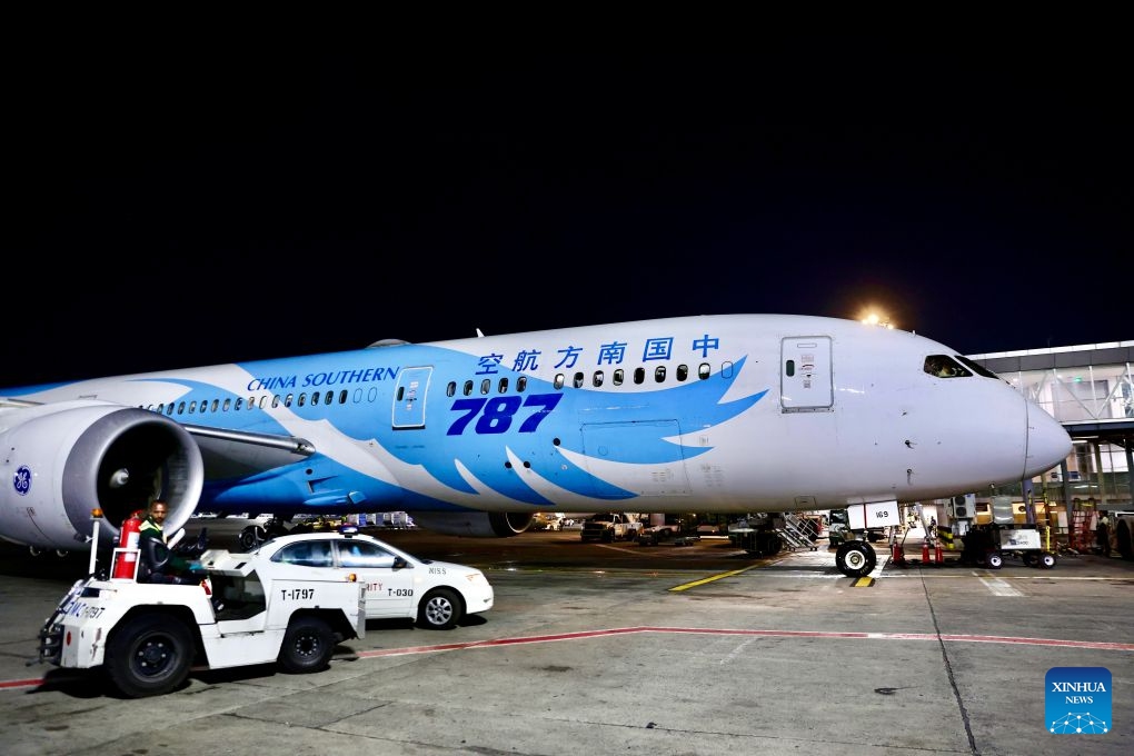 A flight operated by China Southern Airlines arrives at Addis Ababa Bole International Airport in Addis Ababa, capital of Ethiopia, on Oct. 12, 2026. A China Southern Airlines flight landed in Ethiopia on Monday night, marking the successful inaugural flight of a new and only air route operated by a Chinese carrier between China and Ethiopia. (Photo: Xinhua)