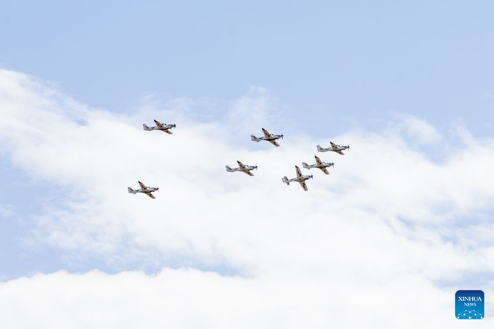 Kenya Air Force aircraft fly in formation over Kipchoge Keino Stadium during Mashujaa Day celebrations in Eldoret, Kenya, on Oct. 20, 2026.
Kenya celebrated Mashujaa Day, or Heroes' Day, on Tuesday. (Photo by Kelly Ayodi/Xinhua)