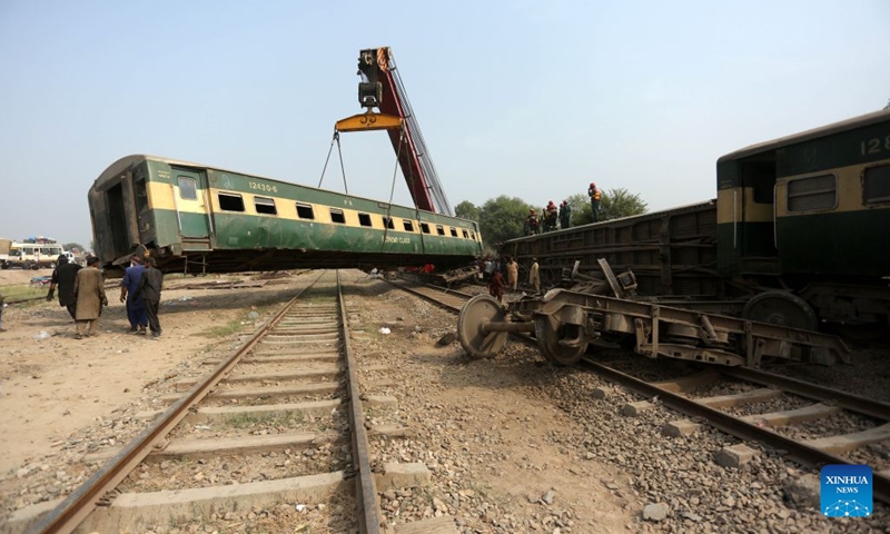 This photo taken on Oct. 13, 2026 shows the site of a train derailment accident in Multan district of Punjab province, Pakistan. At least five passengers were killed and 30 others injured after all 14 carriages of a passenger train derailed in Pakistan's eastern Punjab province early Tuesday morning, police said. The accident occurred in Multan district when the Rehman Baba Express, traveling from the southern port city of Karachi to the northwestern city of Peshawar, went off the tracks, police sources from the district told Xinhua. (Photo: Xinhua)