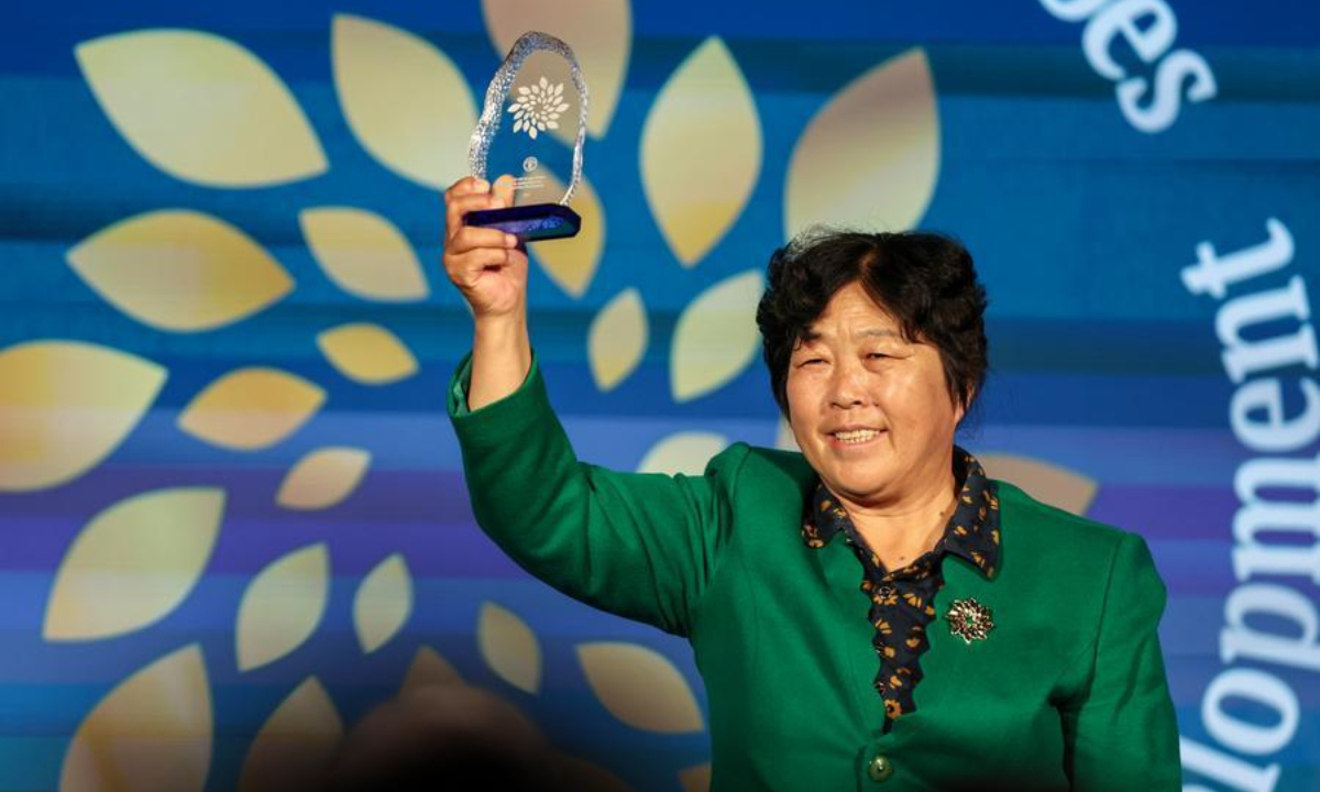 Yin Yuzhen attends a ceremony for Food and Agriculture Organization of the United Nations' (FAO) 100 Women Heroes in Agrifood Systems and Rural Development, in Rome, Italy, Oct. 15, 2026. (Xinhua/Wang Kaiyan)