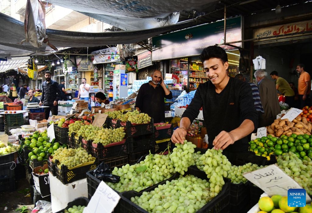 A vendor displays seasonal fruits at the central market in downtown Damascus, Syria, Oct. 13, 2026. (Photo: Xinhua)