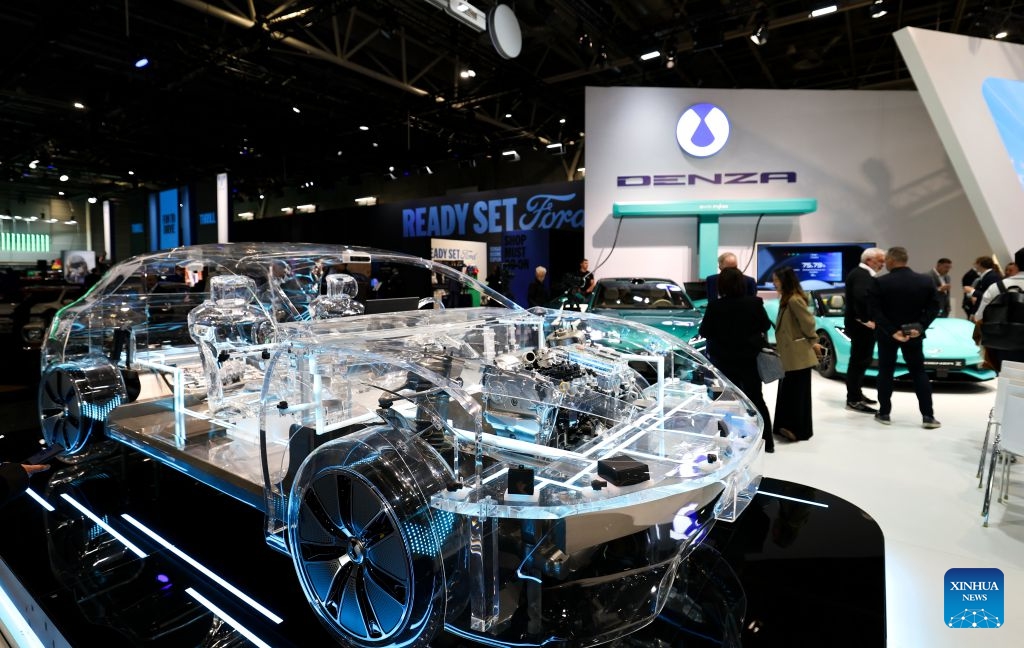 People visit the booth of Denza at the Paris Motor Show in Paris, France, Oct. 12, 2026. The 2026 Paris Motor Show kicked off here on Monday. (Photo: Xinhua)
