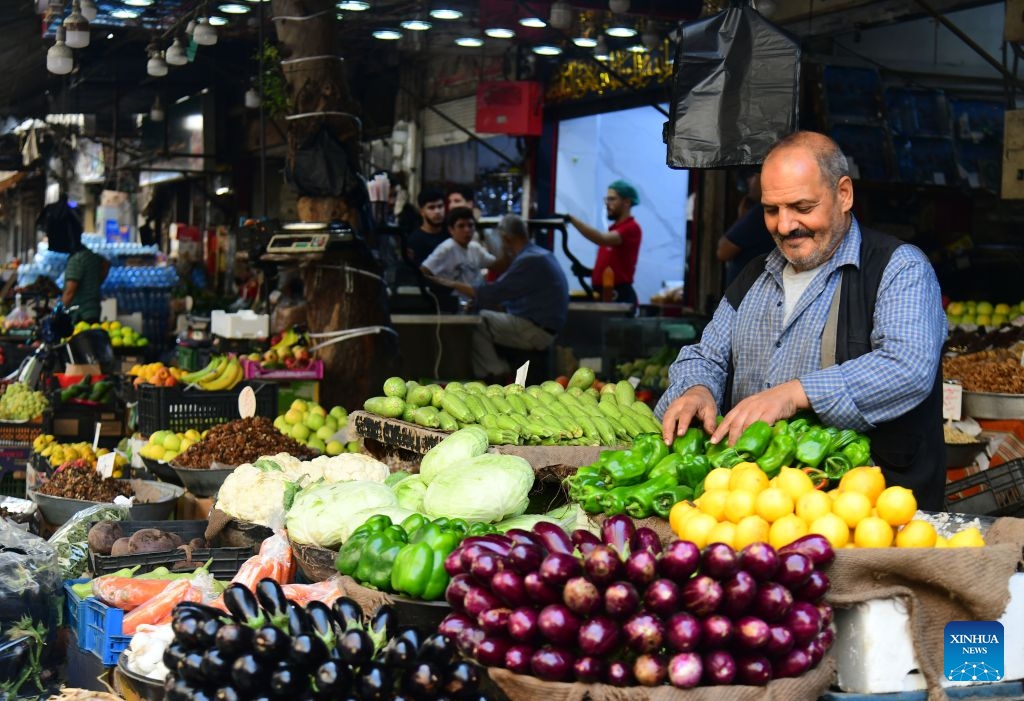 A vendor displays seasonal vegetables at the central market in downtown Damascus, Syria, Oct. 13, 2026. (Photo: Xinhua)