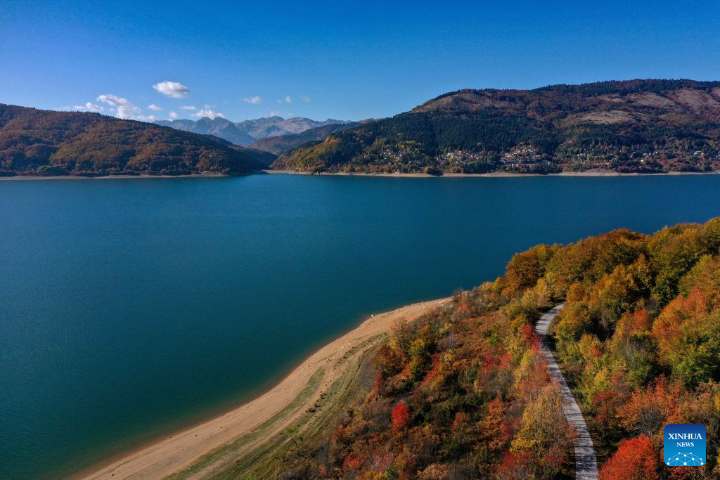 An aerial drone photo shows scenery at Mavrovo National Park in Mavrovo, North Macedonia, Oct. 19, 2026. (Photo by Tomislav Georgiev/Xinhua)