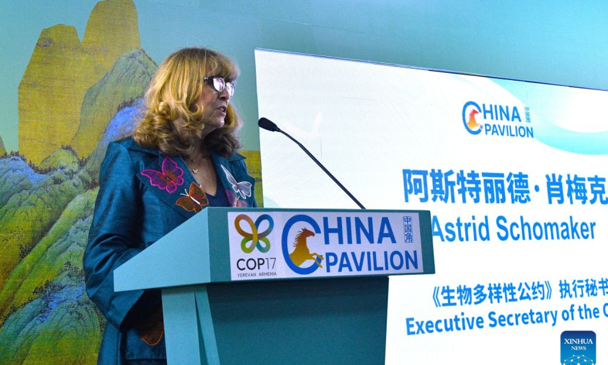 Astrid Schomaker, executive secretary of the Convention on Biological Diversity, speaks at the opening ceremony of the China Pavilion at the 17th meeting of the Conference of the Parties to the United Nations (UN) Convention on Biological Diversity (COP17) in Yerevan, Armenia, Oct. 19, 2026. Themed Taking Action for Nature, COP17 runs on Oct. 19-30. During the conference, the China Pavilion will host a series of events, including thematic side events, sessions on local biodiversity conservation initiatives, seminars and an exhibition showcasing China's achievements in biodiversity conservation. (Xinhua/Chen Junfeng)