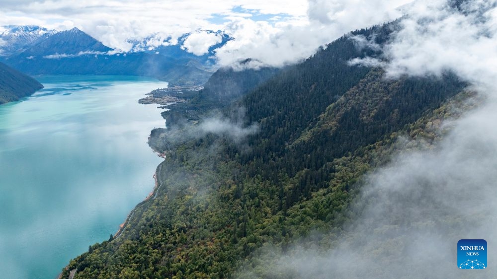 An aerial drone photo taken on Oct. 12, 2026 shows scenery in Basomtso scenic area, a national 5A tourist attraction, in Nyingchi, southwest China's Xizang Autonomous Region. (Photo: Xinhua)