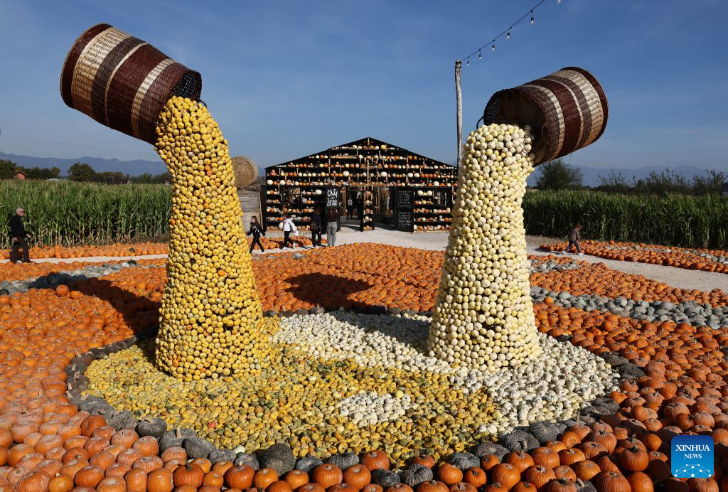 People visit the Pumpkin Village in Treviso, Italy, Oct. 19, 2026. (Photo by Alberto Lingria/Xinhua)