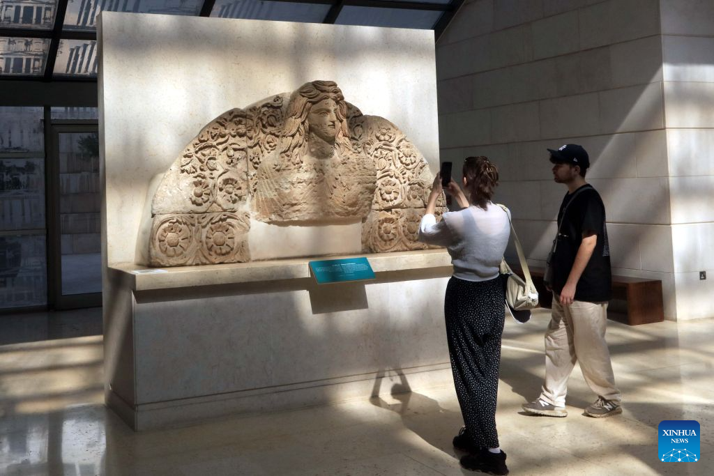 Tourists visit the Jordan Museum in Amman, Jordan, Oct. 18, 2026. The Jordan Museum, built in 2014, is the largest museum in Jordan and hosts some of the country's most important archaeological findings. (Photo by Mohammad Abu Ghosh/Xinhua)