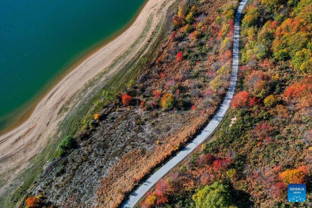 An aerial drone photo shows scenery at Mavrovo National Park in Mavrovo, North Macedonia, Oct. 19, 2026. (Photo by Tomislav Georgiev/Xinhua)