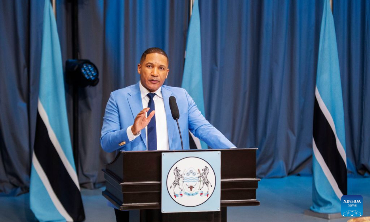Botswanan President Duma Gideon Boko speaks at a press conference in Gaborone, Botswana, Oct. 19, 2026. Botswana and China have opened a new chapter in their longstanding friendship by elevating bilateral ties to a comprehensive strategic cooperative partnership, Botswanan President Duma Gideon Boko said. Boko made the remarks at a press conference in Gaborone on Monday following return from his first state visit to China. (Xinhua/Tshekiso Tebalo)