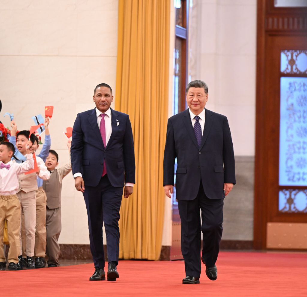 Chinese President Xi Jinping holds a welcome ceremony for Botswana's President Duma Gideon Boko in the Northern Hall of the Great Hall of the People prior to their talks in Beijing, capital of China, Oct. 13, 2026. Xi held talks with Boko, who is on a state visit to China, in Beijing on Tuesday. (Xinhua/Li Xiang)
