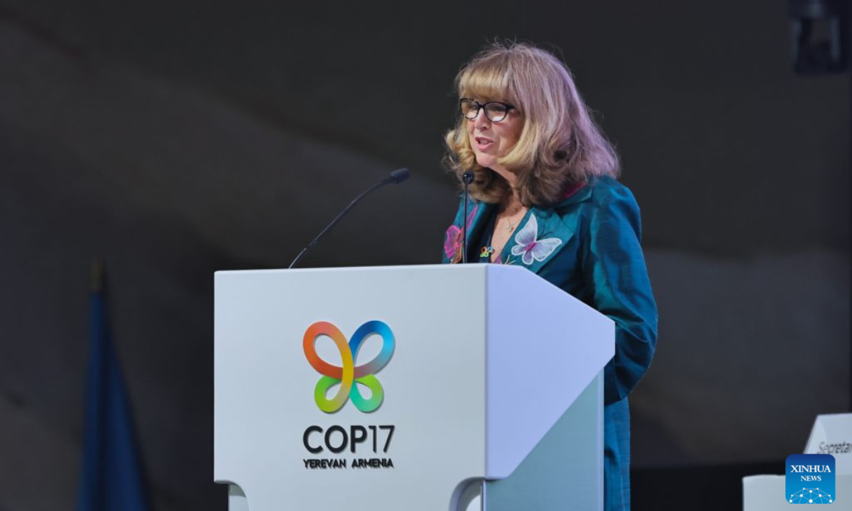 Astrid Schomaker, executive secretary of the Convention on Biological Diversity, speaks at the 17th meeting of the Conference of the Parties to the UN Convention on Biological Diversity (COP17) in Yerevan, Armenia, Oct. 19, 2026. The opening plenary of the 17th meeting of the Conference of the Parties to the UN Convention on Biological Diversity (COP17) was held here on Monday. (Xinhua/Chen Junfeng)
