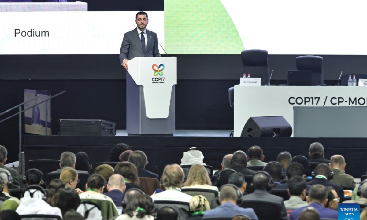 Armenian Environment Minister Hambardzum Matevosyan speaks at the 17th meeting of the Conference of the Parties to the UN Convention on Biological Diversity (COP17) in Yerevan, Armenia, Oct. 19, 2026. The opening plenary of the 17th meeting of the Conference of the Parties to the UN Convention on Biological Diversity (COP17) was held here on Monday. (Xinhua/Chen Junfeng)