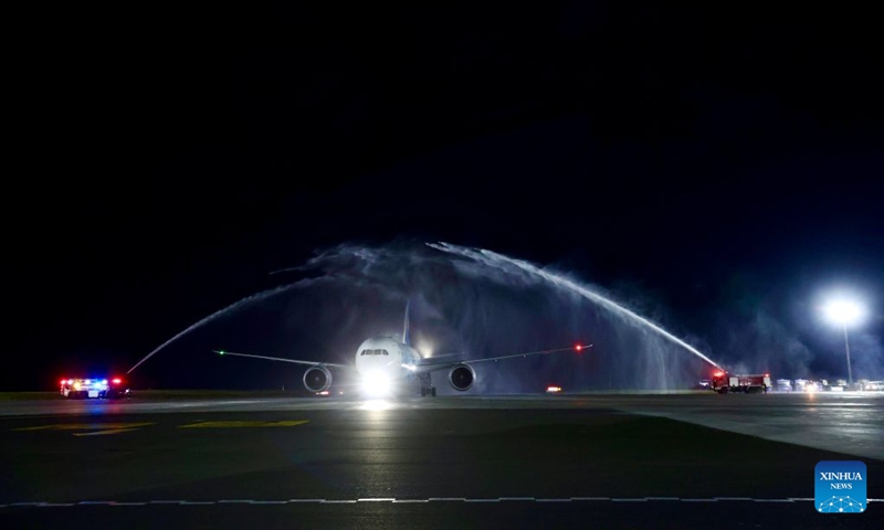 A flight operated by China Southern Airlines is welcomed by a traditional water cannon salute at Addis Ababa Bole International Airport in Addis Ababa, capital of Ethiopia, on Oct. 12, 2026. A China Southern Airlines flight landed in Ethiopia on Monday night, marking the successful inaugural flight of a new and only air route operated by a Chinese carrier between China and Ethiopia. (Photo: Xinhua)