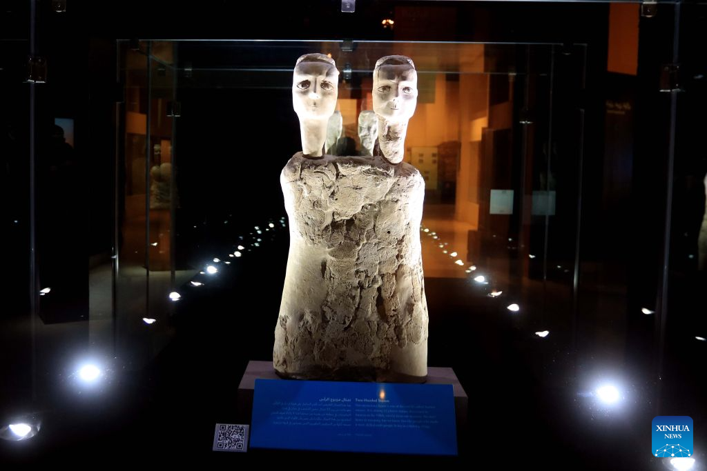 A statue is on display at the Jordan Museum in Amman, Jordan, Oct. 18, 2026. The Jordan Museum, built in 2014, is the largest museum in Jordan and hosts some of the country's most important archaeological findings. (Photo by Mohammad Abu Ghosh/Xinhua)