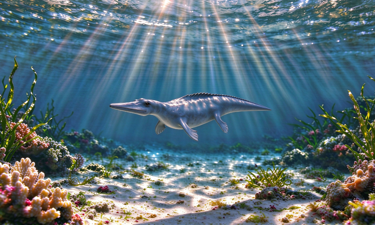 Reconstruction of a juvenile Huphsuchus in its natural habitat Photo: Courtesy of Hubei Institute of Geosciences