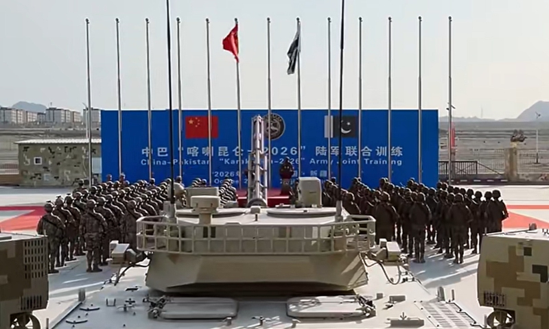 Image of the opening ceremony of the China-Pakistan Karakoram 2026 joint army training held at a training base in Korla, Northwest China's Xinjiang Uygur Autonomous Region  Photo: Screenshot from the CCTV's military channel