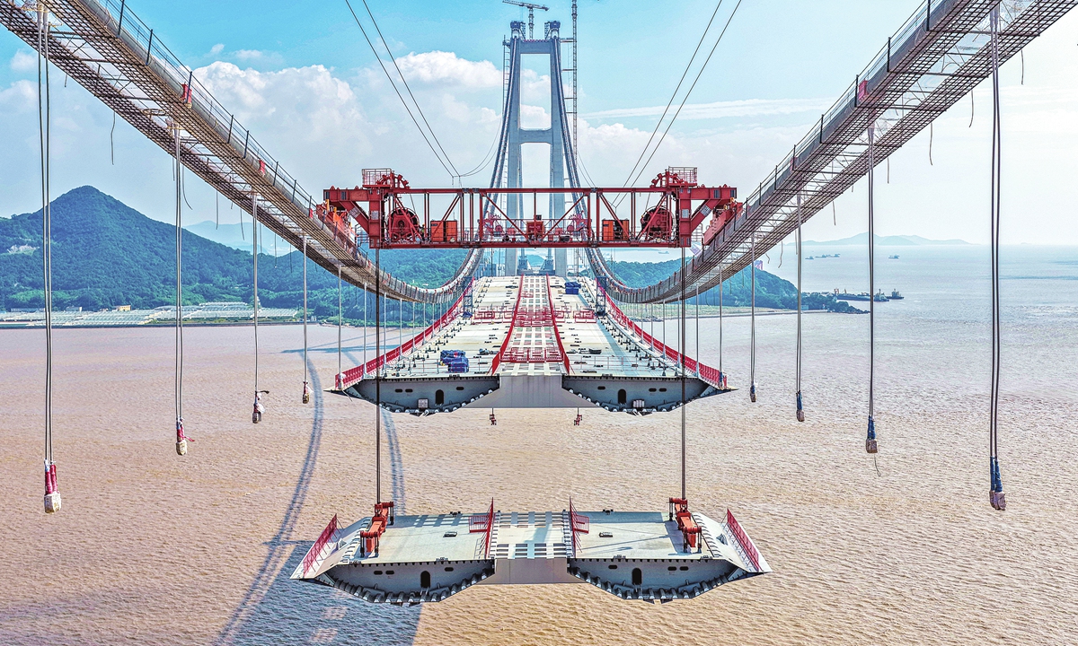 At the girder erection site of the Shuangyumen Super Major Bridge under the Phase II Project of the Ningbo-Zhoushan Port Liuheng Highway Bridge, a steel box girder is slowly lifted on the Fodu Island side and successfully installed after nearly three hours of lifting on October 13, 2026. To date, 17 sections of steel box girders have been installed on the bridge. Photo: VCG
