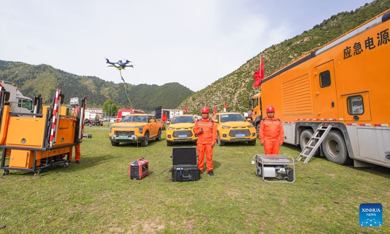 A drone is seen in operation during an earthquake relief drill held in Tiebu Town of Ruoergai County, southwest China's Sichuan Province, May 12, 2026. (Photo: Xinhua)