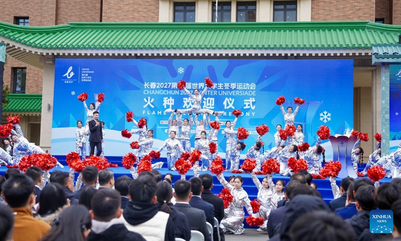 A performance is staged during a flame welcome ceremony of Changchun 2027 Winter Universiade in Changchun, northeast China's Jilin Province, Oct. 14, 2026. (Photo: Xinhua)