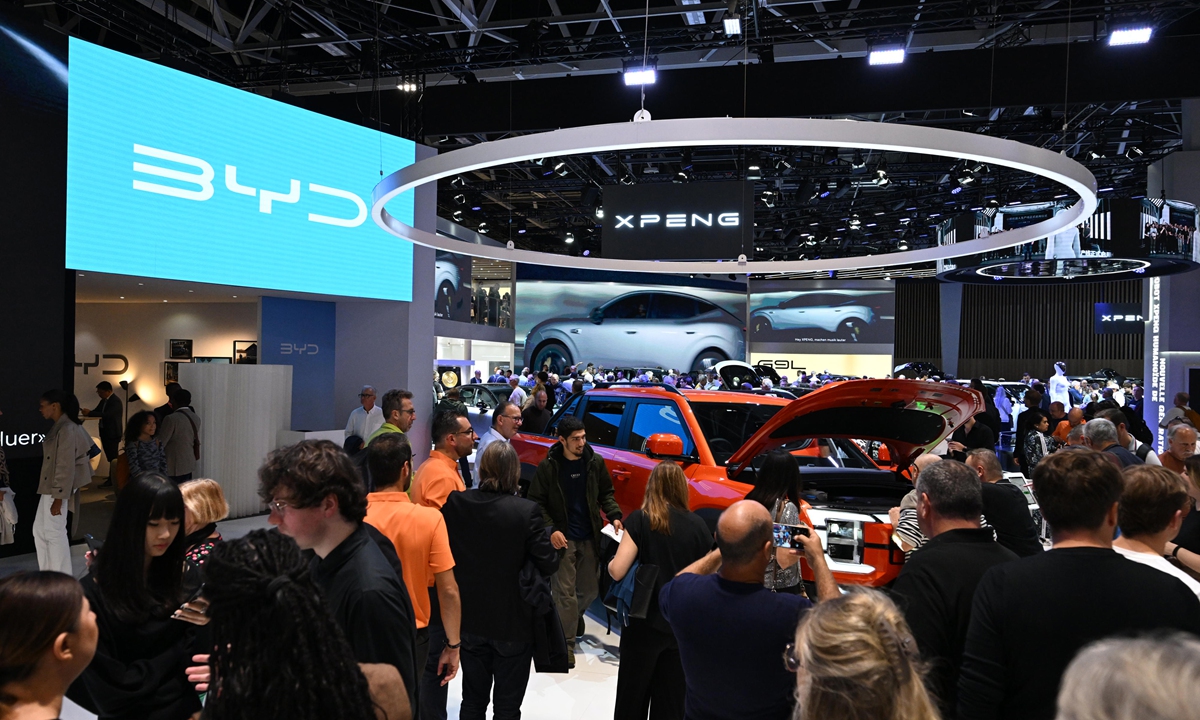 Electric vehicles in the BYD Co. and XPeng pavilions at the Paris Motor Show in Paris, France, on Tuesday, Oct. 13, 2026. The Paris Motor show runs Oct. 12-18. Photo: VCG