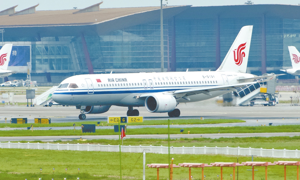 Air China flight CA723 takes off from the Beijing Capital International Airport in Beijing, on August 12, 2026. China launched the first international route featuring its homegrown C919 aircraft, connecting Beijing with Ulaanbaatar, capital of Mongolia. Photo: VCG