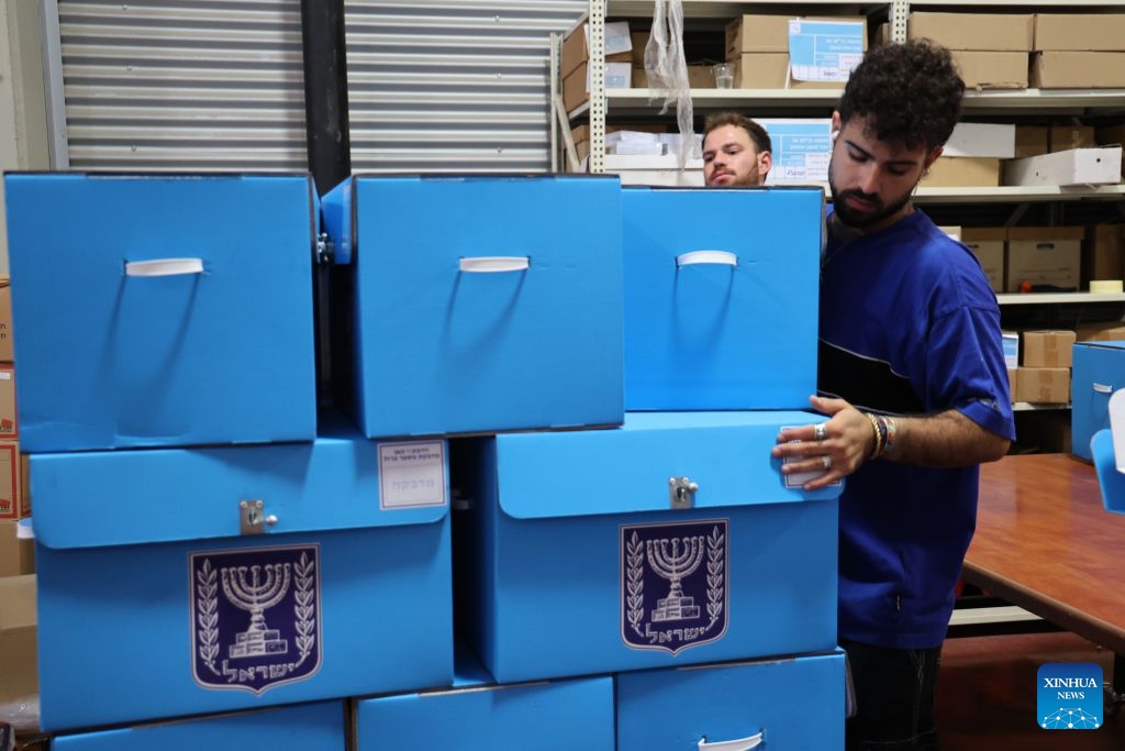 Workers arrange ballot boxes at a logistics center near the central Israeli city of Modiin, Oct. 14, 2026. The general elections for Israel's Knesset, the country's parliament, will be held on Oct. 27. All the preparations for the election are underway. (Photo: Xinhua)