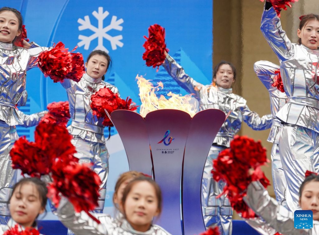 The flame cauldron is seen during a flame welcome ceremony of Changchun 2027 Winter Universiade in Changchun, northeast China's Jilin Province, Oct. 14, 2026. (Photo: Xinhua)